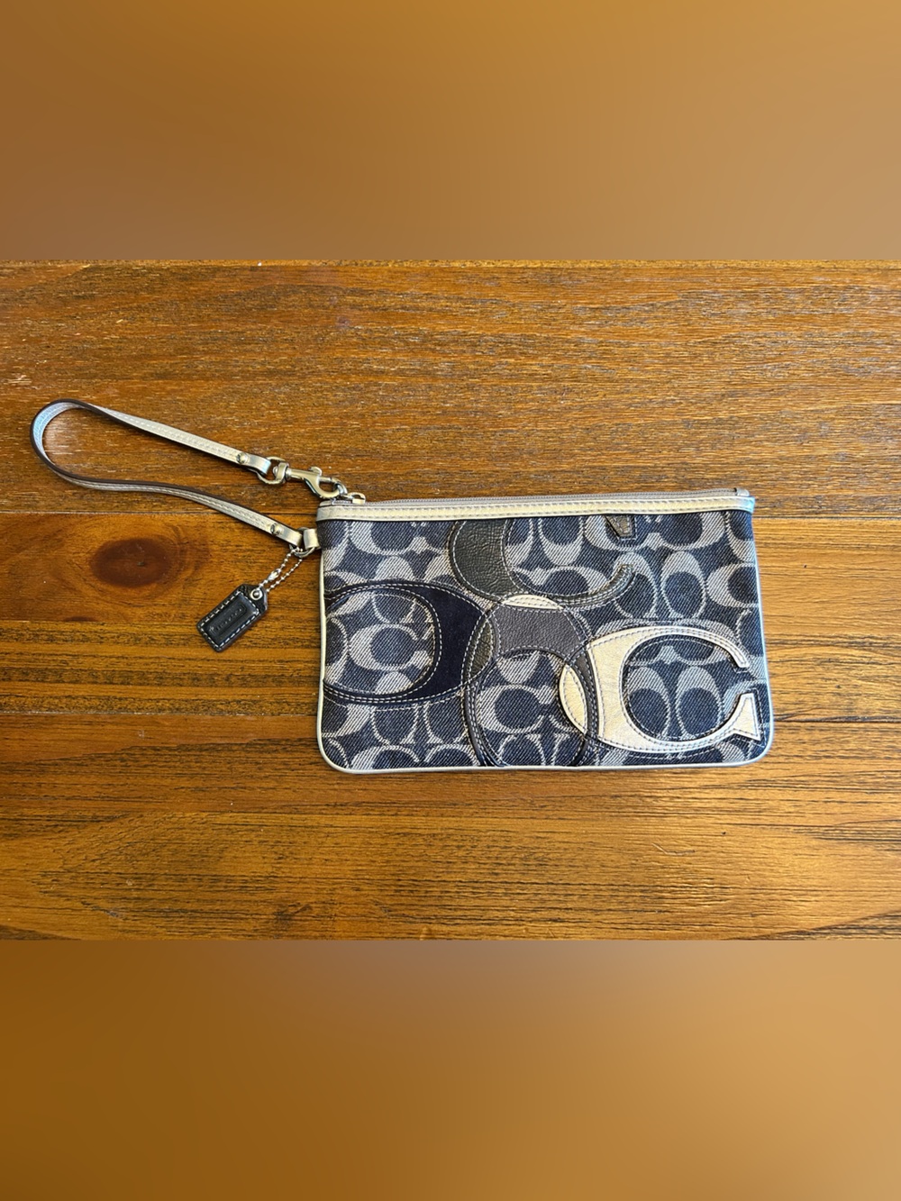 Y2K Coach Signature Patchwork Denim Jacquard Zip Wristlet Clutch